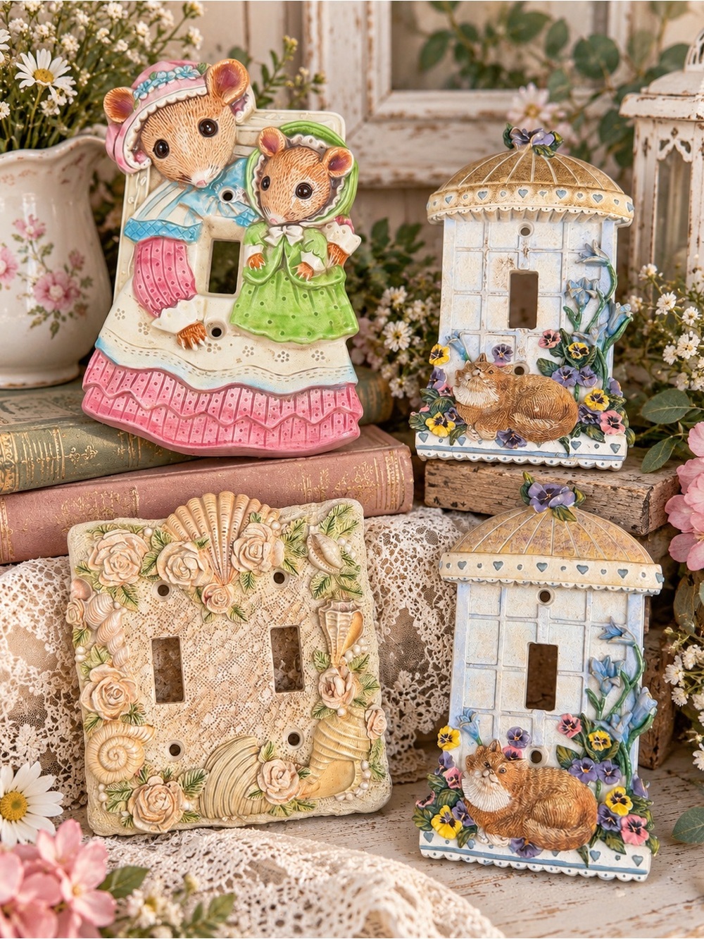 Vintage Cottagecore Decorative Light Switch Covers Lot of 4 Cats Mice Seashells